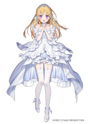  1girl bare_shoulders blonde_hair blush braid breasts commentary_request copyright_notice ctd_114 detached_sleeves dress first_stage_production full_body garter_straps hair_ribbon highres hinomiya_himari long_hair looking_at_viewer medium_breasts official_art open_mouth own_hands_clasped own_hands_together ribbon shoes simple_background solo standing strapless strapless_dress thigh-highs tiara violet_eyes virtual_youtuber white_background white_dress white_ribbon white_shoes white_sleeves white_thighhighs 
