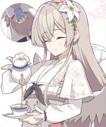  1girl ^_^ arms_behind_back black_bow black_neckerchief blue_archive bow box braid brown_hair buttons capelet closed_eyes closed_mouth commentary_request crown_braid cup double-breasted dress dual_wielding facing_viewer flower hair_between_eyes hair_flower hair_ornament halo highres holding holding_box holding_plate holding_teapot holy-san_(makuu) light_blush long_hair long_sleeves low_wings nagisa_(blue_archive) neckerchief pink_flower pink_halo plate pouring puffy_long_sleeves puffy_sleeves sailor_collar school_uniform sidelocks simple_background sleeve_bow smile solo split_mouth straight_hair tea teacup teapot trinity_general_school_logo upper_body very_long_hair white_background white_capelet white_dress white_flower white_sailor_collar white_wings wings 