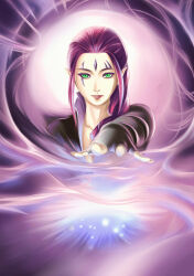  1girl absurdres bei_ju_luoxuan_wan blink_(x-men) facial_mark forehead_mark foreshortening green_eyes highres long_hair marvel pointy_ears portrait purple_hair red_lips sidelocks smile solo x-men x-men:_days_of_future_past x-men_film_series 