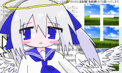  1girl 7nenasai angel_wings bliss_(image) blue_eyes blue_neckerchief blue_sailor_collar blush_stickers closed_mouth commentary cross halo long_hair looking_at_viewer neckerchief photo_inset sailor_collar shirt solo symbol-only_commentary text_background twintails upper_body white_hair white_shirt white_wings wings 