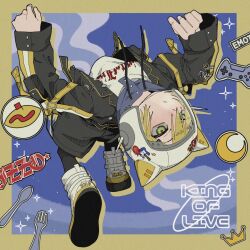  1boy animal_ear_helmet animal_ears animal_helmet arched_back arm_belt belt black_belt black_jacket black_leggings black_shorts blonde_hair blue_hood blush boots border boya_chey cat_ears clothes_writing clouds controller crescent crown drawstring drop_shadow fake_animal_ears food fork from_behind full_body game_controller green_eyes hair_ornament hair_over_one_eye hairclip helmet highres hood hood_down hoodie jacket lapels leggings looking_ahead loose_belt male_focus night nijisanji notched_lapels omelet omurice open_belt open_clothes open_jacket outside_border parted_lips pocket print_hoodie short_hair shorts sky sleeves_past_wrists solo space_helmet sparkle spoon sticker unzipped uzuki_kou uzuki_kou_(5th_costume) virtual_youtuber white_boots white_helmet white_hoodie wolf_cut yellow_belt yellow_border yellow_trim 