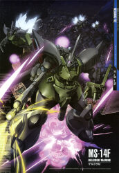  1990s_(style) absurdres artist_collaboration assault_rifle battle cable character_name debris explosion firing gelgoog gelgoog_marine gun gundam gundam_0083 gundam_perfect_file highres machine_gun machinery mecha mecha_focus mobile_suit o&#039;neill_cylinder official_art one-eyed retro_artstyle rifle robot scan scene_reference science_fiction shield space spikes thrusters traditional_media weapon yamagishi_masakazu zeon zero_gravity 