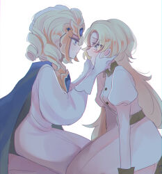  2girls bad_id bad_pixiv_id belt blonde_hair blue_cape blue_eyes breasts brown_belt buttons cape chromatic_aberration closed_mouth collared_dress contrast_collar cookie_run cookie_run:_kingdom crying crying_with_eyes_open dress drill_hair eye_contact eyes_visible_through_hair face-to-face feet_out_of_frame from_side gloves grand_madeleine_cookie hamchan69 hands_on_another&#039;s_cheeks hands_on_another&#039;s_face hands_up highres humanization juliet_sleeves light_cream_cookie long_dress long_hair long_sleeves looking_at_another medium_hair multiple_girls open_mouth pale_skin profile puffy_sleeves raised_inner_eyebrows simple_background sitting small_breasts tears very_long_hair white_background white_dress white_gloves 