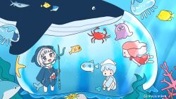  1boy 2girls :d animal animal_costume blue_eyes blue_hair blue_hoodie blue_shirt blush_stickers chibi commentary coral day drawstring dress english_commentary fins fish fish_tail gawr_gura gawr_gura_(1st_costume) grey_hair hat holding holding_polearm holding_weapon hololive hololive_english hood hood_up hoodie mochimiko multicolored_hair multiple_girls outdoors pink_hair polearm red_dress shark_costume shark_girl shark_tail sharp_teeth shirt smile solid_circle_eyes squid_hat streaked_hair striped_clothes striped_shirt tail teeth trident underwater virtual_youtuber water weapon whale white_hat 