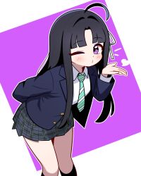  1girl :3 ahoge awa_subaru black_hair black_socks blazer blowing_kiss blue_jacket blush collared_shirt feet_out_of_frame girls_band_cry green_necktie hair_ribbon hand_up heart highres jacket jorang_(jorang08) leaning_forward long_hair long_sleeves looking_at_viewer miniskirt necktie one_eye_closed open_clothes open_jacket plaid_clothes plaid_skirt pleated_skirt ribbon shirt skirt socks solo standing two-tone_background violet_eyes white_shirt 