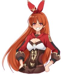  1girl amber_(genshin_impact) amber_(genshin_impact)_(cosplay) blossom_(ppg) breasts brown_hair brown_shorts cosplay debodraw genshin_impact hair_between_eyes hair_ribbon hairband long_hair long_sleeves pink_eyes powerpuff_girls red_hairband red_hood red_ribbon ribbon shirt shorts smile solo teeth very_long_hair 
