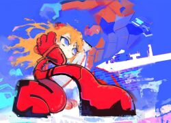  1girl blue_eyes blue_sky bodysuit closed_mouth http_oopsy interface_headset_(evangelion) long_hair mecha mecha_pilot_suit neon_genesis_evangelion orange_hair plugsuit_(evangelion) red_bodysuit robot serious sky solo souryuu_asuka_langley 