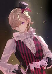  1boy absurdres black_hat black_vest blonde_hair card closed_mouth facial_mark genshin_impact gloves hair_between_eyes hat highres long_sleeves lyney_(genshin_impact) male_focus multicolored_vest namimenou one_eye_closed red_vest shirt short_hair smile solo striped_clothes striped_vest teardrop_facial_mark top_hat vest violet_eyes white_shirt 