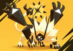  animal_nose black_claws black_gemstone blue_eyes claws commentary_request crystal ewokakukaede gem glowing glowing_eyes highres horns lion mane necrozma necrozma_(dusk_mane) no_humans pokemon pokemon_(creature) pokemon_focus solo sparkle star_(symbol) sun_symbol tail triangle yellow_background 