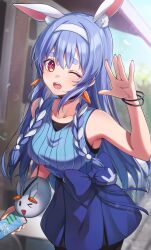  1girl ;d absurdres alternate_costume alternate_hairstyle animal_bag animal_ear_fluff animal_ears armpits bag black_pantyhose black_shirt blue_bow blue_hair blue_shirt blue_skirt blurry blush bokeh bow bracelet braid braided_sidelocks breasts carrot_earrings cellphone chameleon_(chameleon0613) collarbone commentary cowboy_shot day depth_of_field earrings food-themed_earrings hair_bobbles hair_ornament hairband handbag highres holding holding_phone hololive jewelry long_hair looking_at_viewer medium_breasts miniskirt multicolored_hair one_eye_closed open_mouth outdoors pantyhose pekomon_(usada_pekora) phone rabbit-shaped_pupils rabbit_ears red_eyes ribbed_shirt shirt shirt_tucked_in short_eyebrows skirt sleeveless sleeveless_shirt smartphone smile solo standing symbol-shaped_pupils thick_eyebrows translated twin_braids two-tone_hair undershirt usada_pekora virtual_youtuber waving white_hair white_hairband 