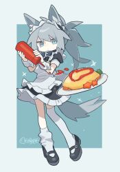  1girl absurdres ahoge aida_(aidia) animal_ear_fluff animal_ears apron asymmetrical_legwear black_collar black_dress black_shoes blue_background blue_eyes border closed_mouth collar commentary_request dress food frilled_apron frilled_dress frills full_body grey_hair highres holding ketchup_bottle long_hair looking_at_viewer maid_headdress mary_janes omelet omurice original outside_border plate ponytail shoes short_sleeves signature single_sock single_thighhigh socks solo standing sweatdrop tail thigh-highs uneven_legwear white_apron white_border white_socks white_thighhighs wolf_ears wolf_girl wolf_tail 