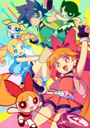  6+girls :d absurdres akazutsumi_momoko black_hair black_shoes blonde_hair blossom_(ppg) blue_eyes bow brick_st bubbles_(ppg) buttercup_(ppg) closed_mouth commentary goutokuji_miyako green_eyes hashtag-only_commentary highres hyper_blossom looking_at_viewer matsubara_kaoru multiple_girls open_mouth orange_hair powered_buttercup powerpuff_girls powerpuff_girls_z red_bow rolling_bubbles shoes short_sleeves skirt smile 