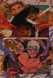  2boys cape checkered_haori demon_slayer_uniform fire flame_print flaming_sword flaming_weapon forked_eyebrows haori highres japanese_clothes katana kimetsu_no_yaiba male_focus multicolored_hair multiple_boys print_cape rengoku_kyoujurou sword uzui_tengen weapon white_cape yofu_(0042_2400) 