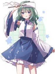  1girl bare_shoulders blue_eyes blue_skirt blush breasts closed_mouth collared_shirt detached_sleeves dot_nose double-parted_bangs frilled_skirt frills frog_hair_ornament gohei green_hair grid_background hair_intakes hair_ornament highres holding holding_gohei kochiya_sanae long_hair long_sleeves looking_at_viewer medium_breasts patterned_clothing print_skirt shirt simple_background single_sidelock skirt skirt_set sleeveless sleeveless_shirt sleeves_past_wrists snake_hair_ornament solo star_(symbol) tongue tongue_out touhou v-shaped_eyebrows white_background wide_sleeves ww333v 