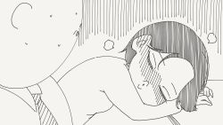  1boy 1girl against_table bald bar_(place) black_hair blush booth_seating closed_eyes commentary drunk ear_blush greyscale highres horideiyasumi mob_face monochrome necktie original puckered_lips short_hair slumped sweatdrop 