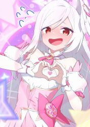  1girl :d absurdres bare_shoulders blue_archive blurry blush bow choker commentary crescent_ornament depth_of_field detached_sleeves dress dress_bow earrings embarrassed feathered_wings flying_sweatdrops frilled_choker frilled_sleeves frills fuhao10708 furrowed_brow hands_up head_wings heart heart_hands heart_in_heart_hands highres jewelry long_hair looking_at_viewer magical_girl mole mole_under_eye nose_blush official_alternate_costume open_mouth pink_background pink_bow pink_dress puffy_short_sleeves puffy_sleeves red_eyes short_sleeves simple_background single_wing smile solo sparkle sparkle_earrings star_(symbol) suzumi_(blue_archive) suzumi_(magical)_(blue_archive) swept_bangs symbol-only_commentary two-tone_dress very_long_hair white_dress white_hair white_wings white_wrist_cuffs wings wrist_cuffs 