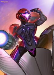  1girl absurdres arm_cannon armor danderfull highres metroid metroid_prime_4:_beyond motor_vehicle motorcycle power_suit_(metroid) purple_visor samus_aran shoulder_armor signature solo spread_legs vi-o-la_suit weapon 
