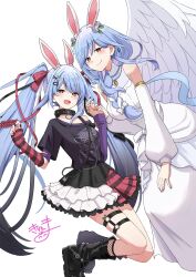  2girls :d absurdres animal_ear_fluff animal_ears bare_shoulders black_boots black_nails black_shirt black_skirt blue_hair blush boots bow braid breasts closed_mouth commentary_request dress feathered_wings fishnet_socks fishnets flower hair_bow hair_flower hair_ornament hair_over_shoulder hairclip hands_up highres holding_hands hololive interlocked_fingers kiritoma large_breasts layered_skirt long_sleeves looking_at_viewer mother_and_daughter multicolored_hair multiple_girls nail_polish pekomama pleated_skirt puffy_long_sleeves puffy_sleeves rabbit-shaped_pupils rabbit_ears rabbit_hair_ornament red_eyes rose shirt short_eyebrows short_sleeves simple_background single_braid skirt sleeveless sleeveless_dress sleeves_past_wrists smile socks streaked_hair striped_clothes striped_skirt symbol-shaped_pupils thick_eyebrows twintails usada_pekora usada_pekora_(11th_costume) virtual_youtuber white_background white_bow white_dress white_flower white_hair white_rose white_skirt white_sleeves white_wings wings x_hair_ornament 