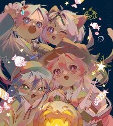  4girls :3 :d absurdres animal_ears animal_hands blush book candy comedic_sweatdrop cosplay fang food frankenstein's_monster frankenstein's_monster_(cosplay) friends glasses gloves halloween halloween_costume highres hiiragi_kagami hiiragi_tsukasa holding holding_book ieurumi izumi_konata jack-o'-lantern lucky_star multiple_girls one_eye_closed paw_gloves siblings sisters smile star_(symbol) takara_miyuki twins werewolf_costume witch wolf_ears 