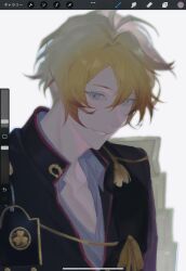  1boy :d absurdres ahoge art_program_in_frame black_jacket blonde_hair blue_eyes carda_momd collared_shirt colored_tips copyright_request epaulettes head_tilt highres jacket looking_at_viewer multicolored_hair screenshot shirt short_hair smile solo tassel upper_body white_shirt 