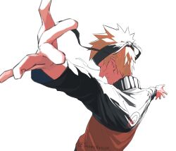  1boy black_headband black_sleeves blonde_hair closed_eyes facial_mark headband highres jacket jenmushroom jumpsuit long_sleeves male_focus naruto_(series) open_mouth orange_jacket orange_jumpsuit outstretched_arms short_hair smile solo spiky_hair twitter_username upper_body uzumaki_naruto whisker_markings 