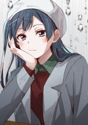  1girl beret black_hair blush closed_mouth coat collared_shirt commentary elbow_on_table green_shirt grey_coat grey_eyes hat head_rest highres long_hair long_sleeves looking_at_viewer love_live! love_live!_nijigasaki_high_school_idol_club love_live!_nijigasaki_high_school_idol_club_the_movie_-_finale one_side_up open_clothes open_coat red_sweater shirt skt_(ryxxxxx) solo sweater white_hat yuki_setsuna 