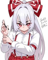  1girl absurdres arm_strap bow bright_pupils buttons collared_shirt commentary_request dated dated_commentary eyelashes fujiwara_no_mokou grey_hair hair_bow highres holding holding_own_wrist holding_stylus mismatched_eyebrows neophyte open_fly pants ponytail red_bow red_eyes red_pants red_suspenders shirt simple_background solo stylus suspenders sweat touhou transparent_background unbuttoned upper_body white_bow white_pupils white_shirt wing_collar 