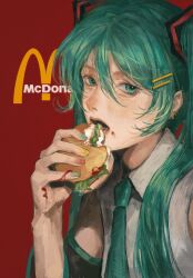  absurdres aqua_eyes aqua_hair aqua_necktie burger collared_shirt commentary_request earrings eating food hair_between_eyes hair_ornament hairclip hatsune_miku highres holding holding_burger holding_food jewelry lettuce long_hair looking_at_viewer mcdonald&#039;s multicolored_nails nail_polish necktie red_background shirt sleeveless sleeveless_shirt twintails upper_body vocaloid white_shirt zhao_kinoe 