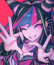  1girl arm_warmers black_hair black_nails corrupted_twitter_file cyacyacyacyaki danganronpa_(series) four-finger_heart_hands heart heart_hands highres jewelry long_hair mioda_ibuki multicolored_hair necklace one_eye_closed piercing pink_eyes pink_hair purple_hair red_background school_uniform single_arm_warmer smile striped_arm_warmers tongue 