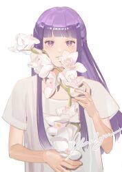  1girl absurdres blunt_bangs fern_(sousou_no_frieren) flower highres hime_cut holding holding_flower ikachyu long_hair looking_at_viewer purple_hair shirt short_sleeves sidelocks signature solo sousou_no_frieren straight_hair t-shirt upper_body violet_eyes white_background white_flower white_shirt 