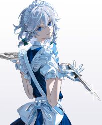  1girl apron between_fingers blue_eyes bow braid from_behind gloves green_bow grey_hair gun handgun highres holding holding_knife holding_plate izayoi_sakuya knife knives_between_fingers looking_at_viewer maid maid_apron maid_headdress maka_(maka04021) plate smile solo touhou twin_braids waist_apron weapon white_background white_gloves 