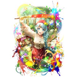  1girl :d arm_up art_brush artist_request beret black_boots blue_eyes blue_hair boots braid braided_ponytail breasts cardigan collarbone day drawing_on_fourth_wall forest from_above full_body game_cg hair_tubes hand_up hat holding holding_paint_palette holding_paintbrush light_particles long_hair long_skirt long_sleeves looking_at_viewer medium_breasts metal_hair_tubes nature official_alternate_costume official_art open_mouth outdoors paint_palette paint_tube paintbrush painting_(action) plaid_clothes plaid_skirt red_hat red_skirt side_ponytail simple_background single_hair_tube skirt smile solo sparkle standing straight-on tate_no_yuusha_no_nariagari tate_no_yuusha_no_nariagari_rerise therese_alexanderite tongue transparent_background white_cardigan 