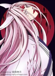  1girl artist_name byakugan chinese_commentary commentary_request english_commentary horns lipstick makeup mixed-language_commentary naruto_(series) naruto_shippuuden ootsutsuki_kaguya red_lips rinne_sharingan robe shikaobing short_eyebrows smile solo thick_eyebrows upper_body veiny_face web_address white_eyes white_hair white_horns white_robe 