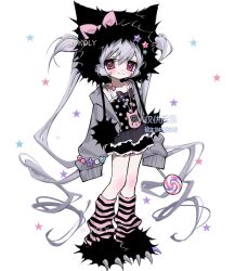  1girl :3 animal_ear_headwear black_hair bow bracelet candy closed_mouth commentary food frilled_skirt frills full_body grey_hair grey_jacket hair_between_eyes highres holding holding_candy holding_food holding_lollipop jacket jewelry leg_warmers lollipop long_hair original paw_shoes pink_bow pink_eyes pkolypop polka_dot polka_dot_shirt shirt simple_background skirt sleeves_past_fingers sleeves_past_wrists smile solo star_(symbol) striped_leg_warmers symbol-only_commentary tamagotchi_(virtual_pet) twintails very_long_hair virtual_pet_(toy) white_background 