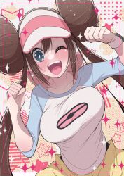  1girl black_pantyhose blue_eyes blush breasts brown_hair double_bun fujiwara_hiro_(kaede_ciao) hair_bun highres large_breasts long_hair looking_at_viewer one_eye_closed open_mouth pantyhose pokemon pokemon_bw2 rosa_(pokemon) shirt shorts smile solo twintails upper_body visor_cap yellow_shorts 