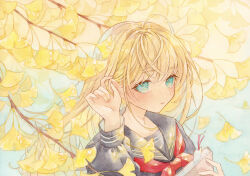  1girl absurdres ahoge amu_(m_aa) artist_name autumn black_serafuku blonde_hair blurry blurry_background book bookmark dated dot_nose expressionless ginkgo_leaf ginkgo_tree green_eyes hand_on_own_ear highres holding holding_book leaf long_hair looking_at_viewer neckerchief original painting_(medium) pink_lips portrait red_neckerchief school_uniform serafuku signature solo traditional_media watercolor_(medium) 