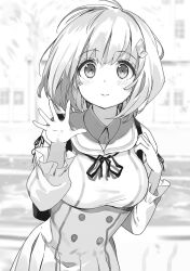  1girl ahoge blush bob_cut breasts building closed_mouth collared_shirt cowboy_shot dorothy_goat greyscale hair_ornament hairclip hands_up highres kanzen_muken_no_shinjin_majutsusei large_breasts lips long_sleeves looking_at_viewer monochrome nauribon non-web_source novel_illustration official_art open_hand outdoors ribbon sailor_collar shirt short_hair silhouette smile solo spread_fingers standing tareme tented_shirt tree underbust waving 