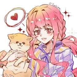  1girl animal argyle_cloak argyle_clothes artist_name bow bowtie braid chinese_commentary cloak commentary_request dog dot_nose eyelashes fang floof_(infinity_nikki) hair_intakes hair_tie happy heart highres holding holding_animal holding_dog hood hood_down hooded_cloak infinity_nikki light_blush long_hair long_sidelocks looking_at_viewer low_twintails nikki_(nikki) nikki_(series) open_mouth pink_eyes pink_hair purple_bow purple_bowtie purple_cloak shiba_inu sidelocks simple_background smile sparkle speech_bubble split-color_clothes spoken_heart striped_clothes twin_braids twintails two-tone_cloak upper_body vertical-striped_cloak vertical-striped_clothes very_long_hair wavy_hair white_background yellow_cloak yukina_(xuenaiqianying719) 