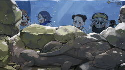  2boys 2girls :d absurdres aquarium bird black_hair black_scarf blue_hair blue_haired_boy_(diva) diva_(hyxpk) donut_stamp double_bun duck english_commentary frown giant_salamander grey_hair hair_bun hat highres king_penguin lion_shirt_boy_(diva) multiple_boys multiple_girls penguin penguin_hat penguin_keeper_(diva) red_hair rock scarf shirt short_hair smile survey_girl_(diva) white_shirt zoo zookeeper zookeepers_(diva) 