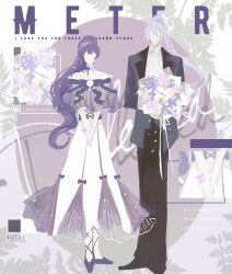  1boy 1girl absurdres alternate_costume arm_behind_back ascot bare_shoulders black_pants black_shoes bouquet bow cael_anselm center-flap_bangs chinese_commentary choker collar_chain_(jewelry) collared_shirt color_guide colored_lapels dress dress_bow dress_flower english_text faceless faceless_female faceless_male facing_viewer fashion flats flower flower_choker full_body gradient_background grey_background grey_jacket hair_between_eyes hair_flower hair_ornament heroine_(lovebrush_chronicles) high_ponytail highres holding holding_bouquet jacket lapels leaf leaf_background leg_ribbon long_bangs long_hair long_sleeves lovebrush_chronicles matching_hairstyle notched_lapels off-shoulder_dress off_shoulder open_clothes open_jacket oval_background pants ponytail purple_background purple_bow purple_choker purple_dress purple_flower purple_hair purple_ribbon purple_shoes ribbon see-through_clothes see-through_sleeves shirt shoes side-by-side snow234 standing straight-on striped_background suit_jacket three-quarter_sleeves two-tone_background two-tone_dress v_arms very_long_hair white_ascot white_background white_dress white_flower white_hair white_ribbon white_shirt wrist_flower zoom_layer 