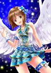 1girl :d angel_wings belt brown_eyes brown_hair choker contrapposto cowboy_shot hagiwara_yukiho hair_ornament idolmaster idolmaster_one_for_all jewelry light_particles necklace open_mouth plaid plaid_skirt ponnetsu short_hair skirt sleeveless smile solo thigh_strap wings wrist_cuffs 