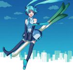  ame_(artist) bad_id city cityscape cloud clouds flying hatsune_miku sky spring_onion thighhighs twintails vocaloid wind 