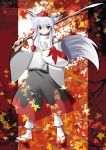  geta inubashiri_momiji leaf leaves long_skirt shield side_b sword tail tengu-geta touhou weapon white_hair wolf_ears 