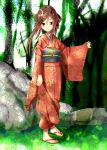  brown_hair feet forest harepore japanese_clothes jpeg_artifacts nature red_eyes sandals tree trees 