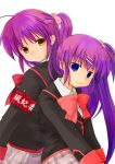  futaki_kanata little_busters! little_busters!! lowres makiemon purple_hair saigusa_haruka school_uniform skirt striped yellow_eyes 