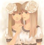  ame_(artist) ame_(conronca) brown_hair flower green_eyes long_hair multiple_girls original polka_dot rose siblings smile twins white_rose 