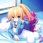  animal_ears aquarian_age bed bent_over blonde_hair bone fenrir fenrir_(aquarian_age) long_hair mikagami_mamizu pillow ponytail socks solo sousei_no_aquarion tail 