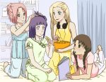  alternate_hairstyle bed braid chips comb gabzillaz hairdressing haruno_sakura headphones headphones_around_neck hyuuga_hinata multiple_girls naruto pajamas sleepover tenten twin_braids yamanaka_ino 