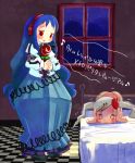  :&lt; bad_id bed bedroom blue_hair checkered covering_ears hands_clasped harepore headphones long_hair night o_o parody red_eyes rozen_maiden silver_hair singing trembling twintails vocaloid window 