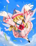  :d \o/ arms_up blonde_hair blush closed_eyes dress foreshortening hat lily_white long_hair open_mouth outstretched_arms petals smile solo spring spring_(season) tears touhou wings 